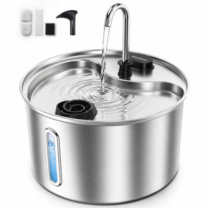 Sovelivee 3.5L 304 Stainless Steel Cat Water Fountain for Cats & Small Dogs, Dual Flow Pet Water Dispenser with Water Level Window & Low-Water Alert& Dry-Run Protection
