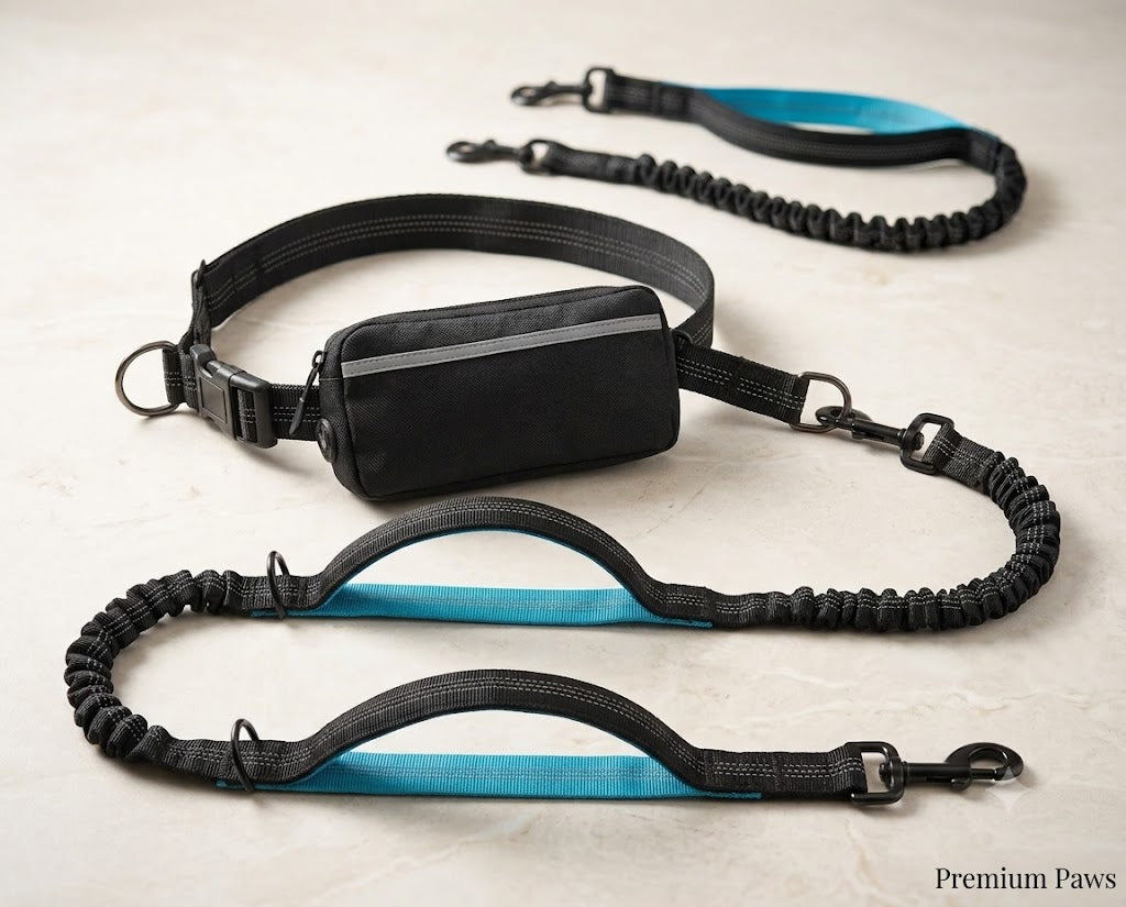 Hands Free Dog Leash with Zipper Pouch, Dual Padded Handles and Durable Bungee for Walking, Jogging and Running Your Dog (Medium, 8-25 Lbs, Black)