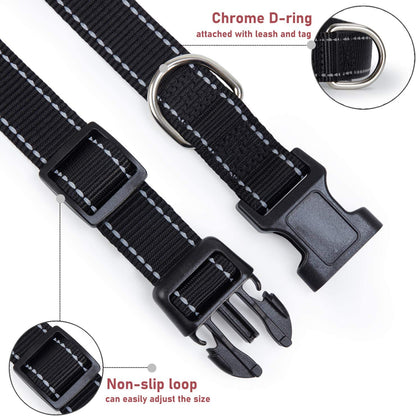 Reflective Dog Collar with Buckle Adjustable Safety Nylon Collars for Small Medium Large Dogs, Black M | Breathable Nylon Collars for Small Medium Large Dogs, No Chafing on Walks and Outdoor Hikes, Metal D-Ring, Night Safety