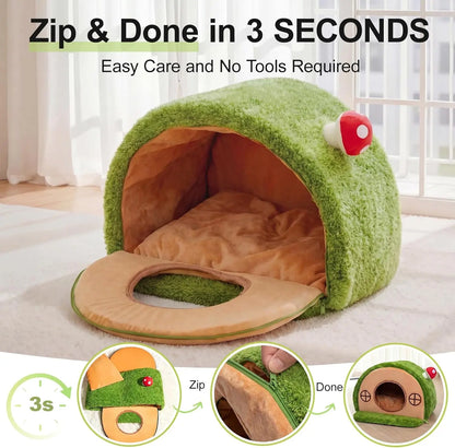 Cozy Crystal Velvet Cat Bed - Enclosed Whimsical Nest with Washable Cushion & Anti-Slip Bottom for Indoor Kittens