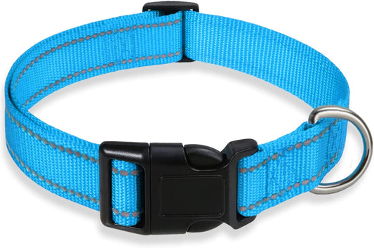 Reflective Dog Collar with Buckle Adjustable Safety Nylon Collars for Small Medium Large Dogs, Blue XL | Breathable Nylon Collars for Small Medium Large Dogs, No Chafing on Walks and Outdoor Hikes, Metal D-Ring, Night Safety