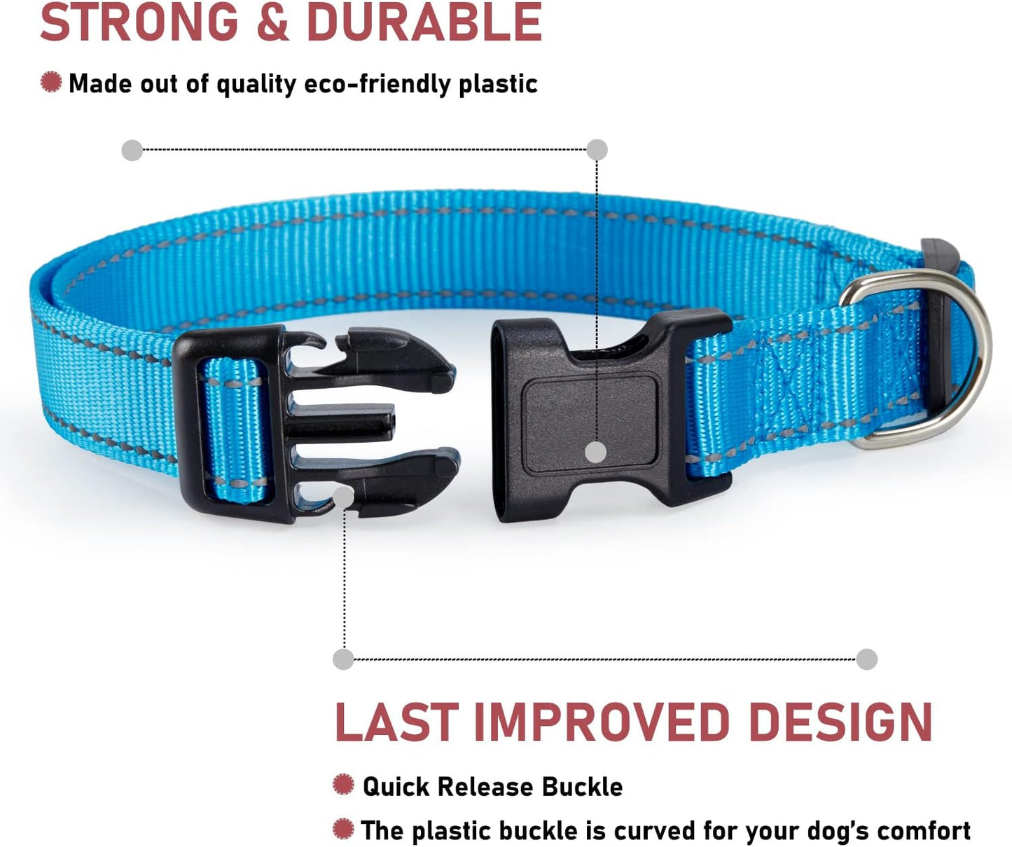 Reflective Dog Collar with Buckle Adjustable Safety Nylon Collars for Small Medium Large Dogs, Blue XL | Breathable Nylon Collars for Small Medium Large Dogs, No Chafing on Walks and Outdoor Hikes, Metal D-Ring, Night Safety