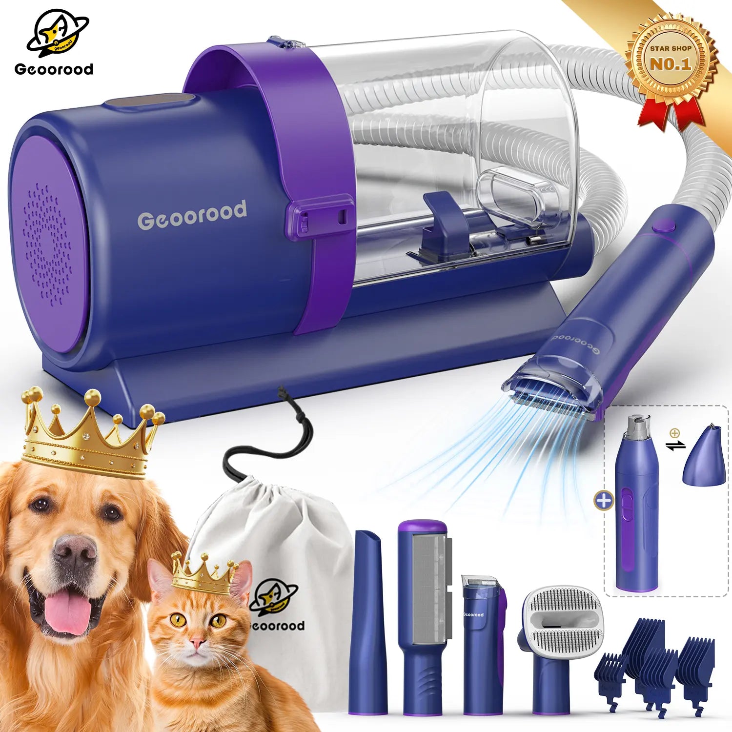Geoorood All-In-One Dog Grooming Kit with Powerful Vacuum Brush - Lightweight, Portable, and Easy to Clean!