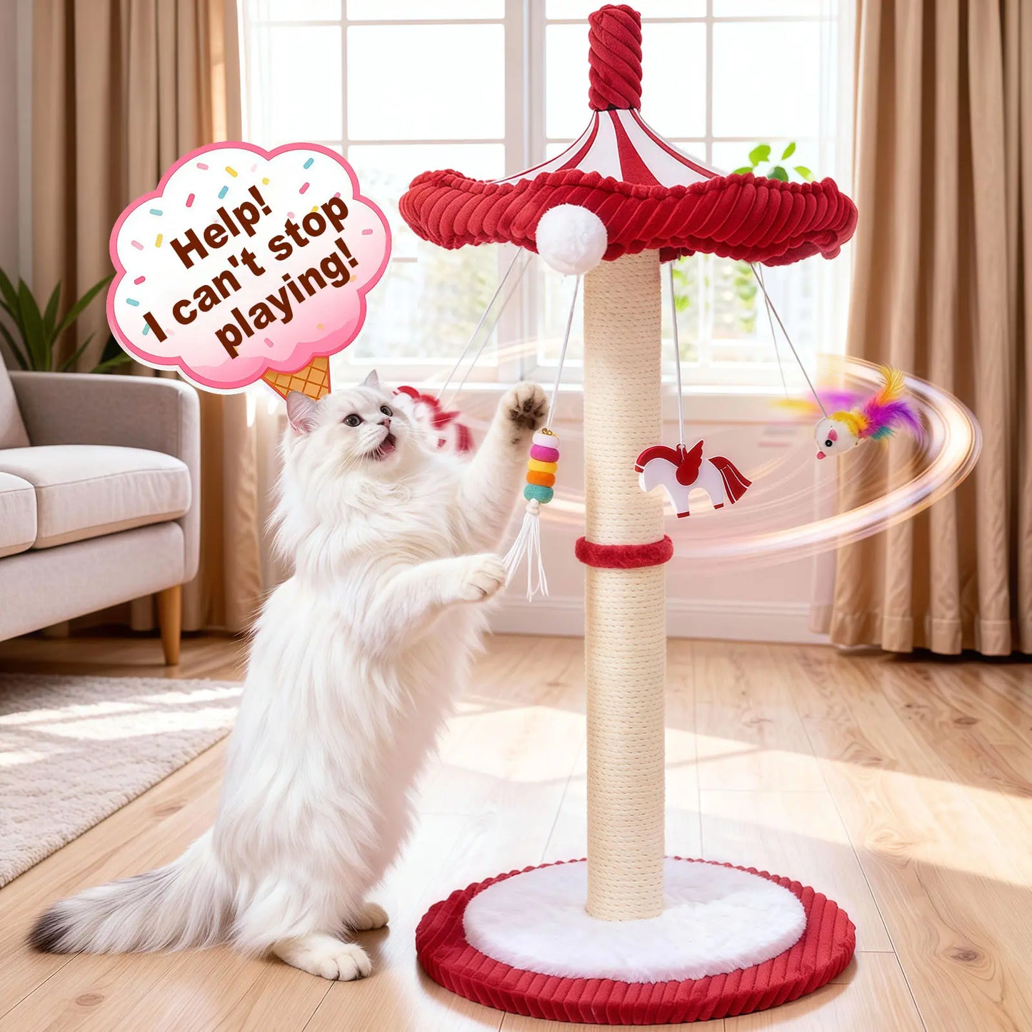 Interactive Carousel Sisal Cat Scratching Post & Circus Umbrella Toy - Perfect Cat Tree for Indoor Kittens and Adult Cats