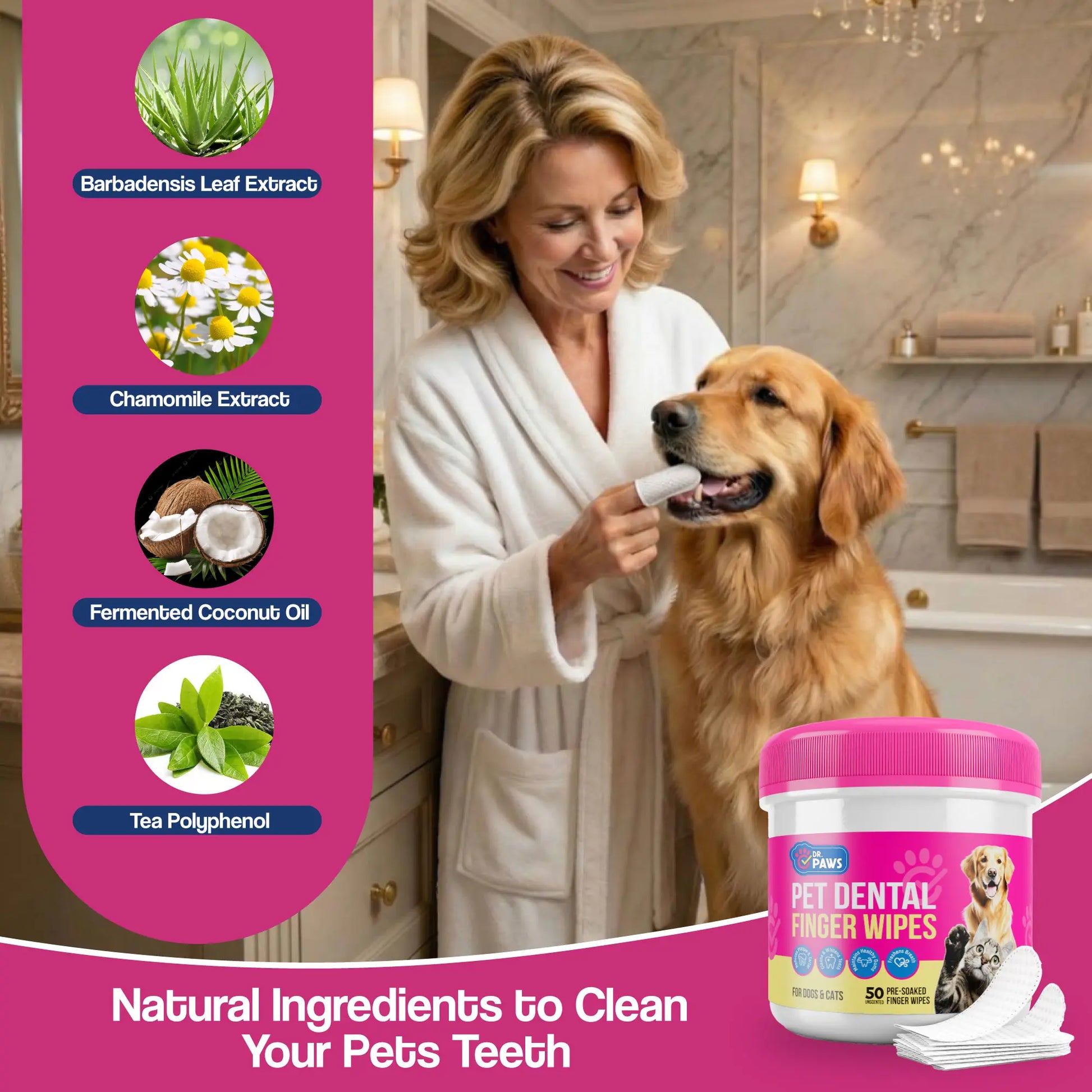 Dr. Paws Pet Care Finger Wipes – All-in-One Dental, Ear & Eye Cleaning for Dogs & Cats | Eliminate Plaque, Bad Breath, Tear Stains & Ear Wax | Hypoallergenic No-Rinse Grooming Solution