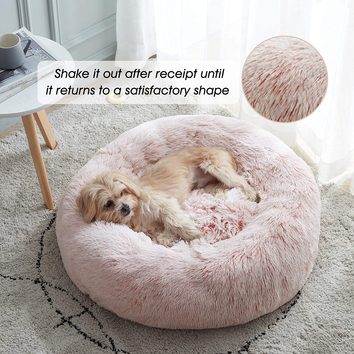 Cozy Calming Donut Pet Bed - Washable Fluffy Faux Fur, 20" Pink Round Cuddler for Small Dogs & Kittens, Anti-Anxiety & Self-Warming, Up to 12 lbs
