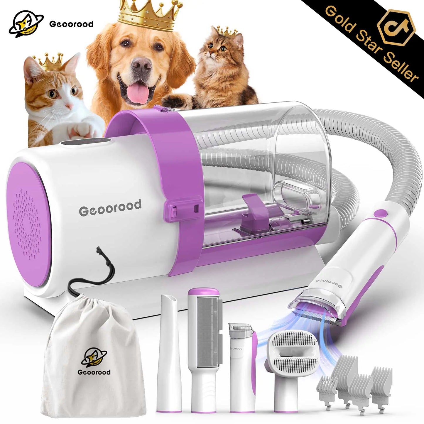 Geoorood All-In-One Dog Grooming Kit with Powerful Vacuum Brush - Lightweight, Portable, and Easy to Clean!