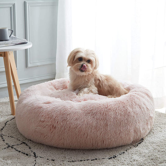 Cozy Calming Donut Pet Bed - Washable Fluffy Faux Fur, 20" Pink Round Cuddler for Small Dogs & Kittens, Anti-Anxiety & Self-Warming, Up to 12 lbs