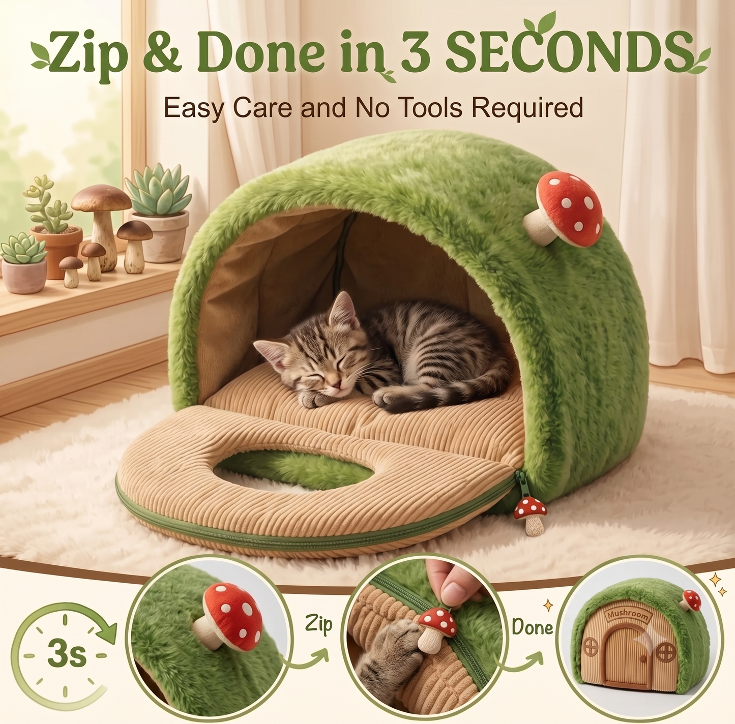 Enclosed Whimsical Nest Cat Bed with Washable Cushion & Anti-Slip Bottom for Indoor Kittens & Small Cats