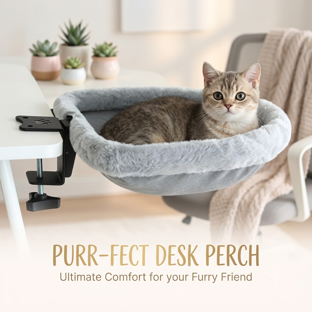 Foldable Cat Desk Hammock Perch for Home Office - Space-saving Clamp-On Design - Purfect for Cats & Kittens!