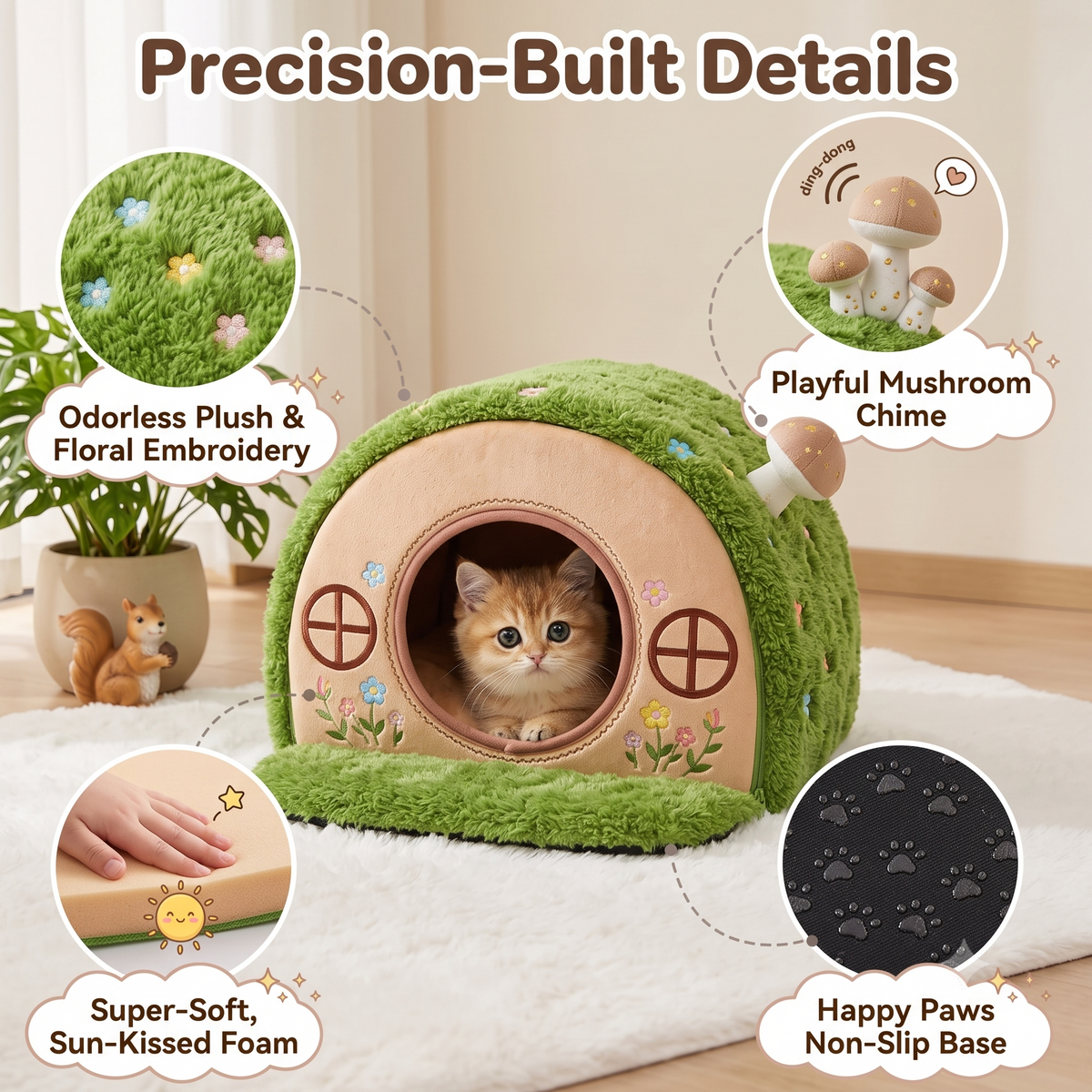 Enclosed Whimsical Nest Cat Bed with Washable Cushion & Anti-Slip Bottom for Indoor Kittens & Small Cats
