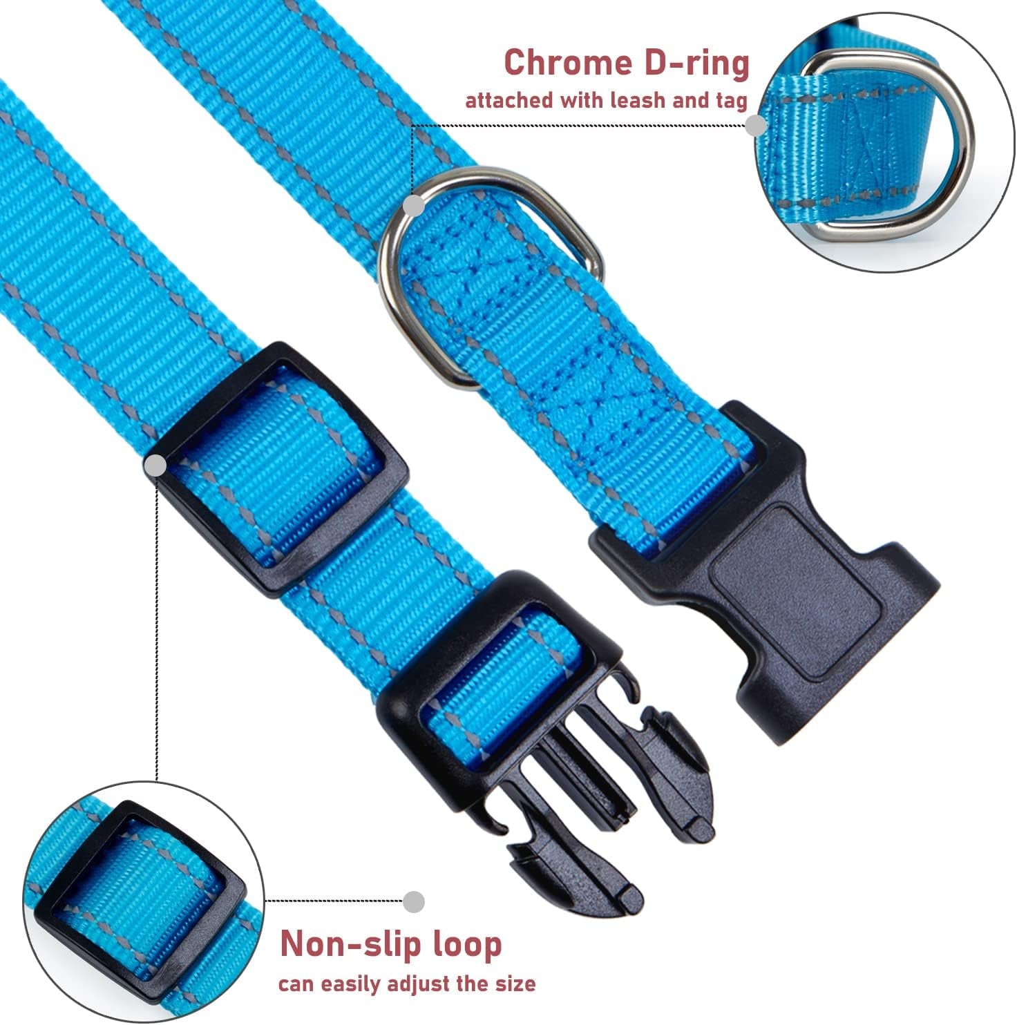 Reflective Dog Collar with Buckle Adjustable Safety Nylon Collars for Small Medium Large Dogs, Blue XL | Breathable Nylon Collars for Small Medium Large Dogs, No Chafing on Walks and Outdoor Hikes, Metal D-Ring, Night Safety