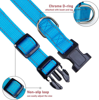 Reflective Dog Collar with Buckle Adjustable Safety Nylon Collars for Small Medium Large Dogs, Blue XL | Breathable Nylon Collars for Small Medium Large Dogs, No Chafing on Walks and Outdoor Hikes, Metal D-Ring, Night Safety