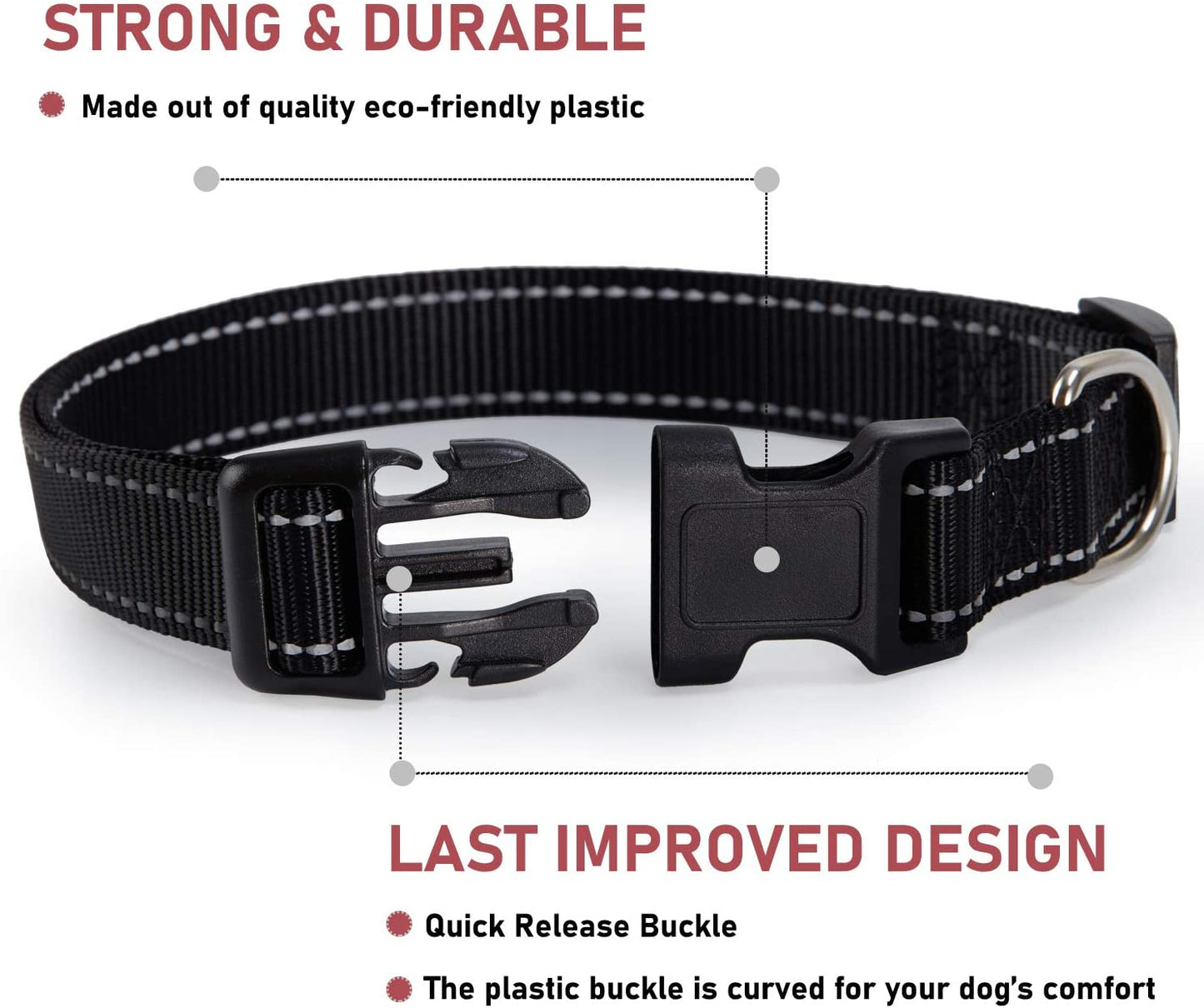 Reflective Dog Collar with Buckle Adjustable Safety Nylon Collars for Small Medium Large Dogs, Black M | Breathable Nylon Collars for Small Medium Large Dogs, No Chafing on Walks and Outdoor Hikes, Metal D-Ring, Night Safety