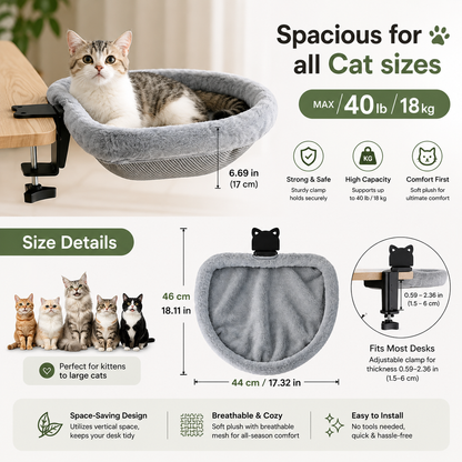 Foldable Cat Desk Hammock Perch for Home Office - Space-saving Clamp-On Design - Purfect for Cats & Kittens!