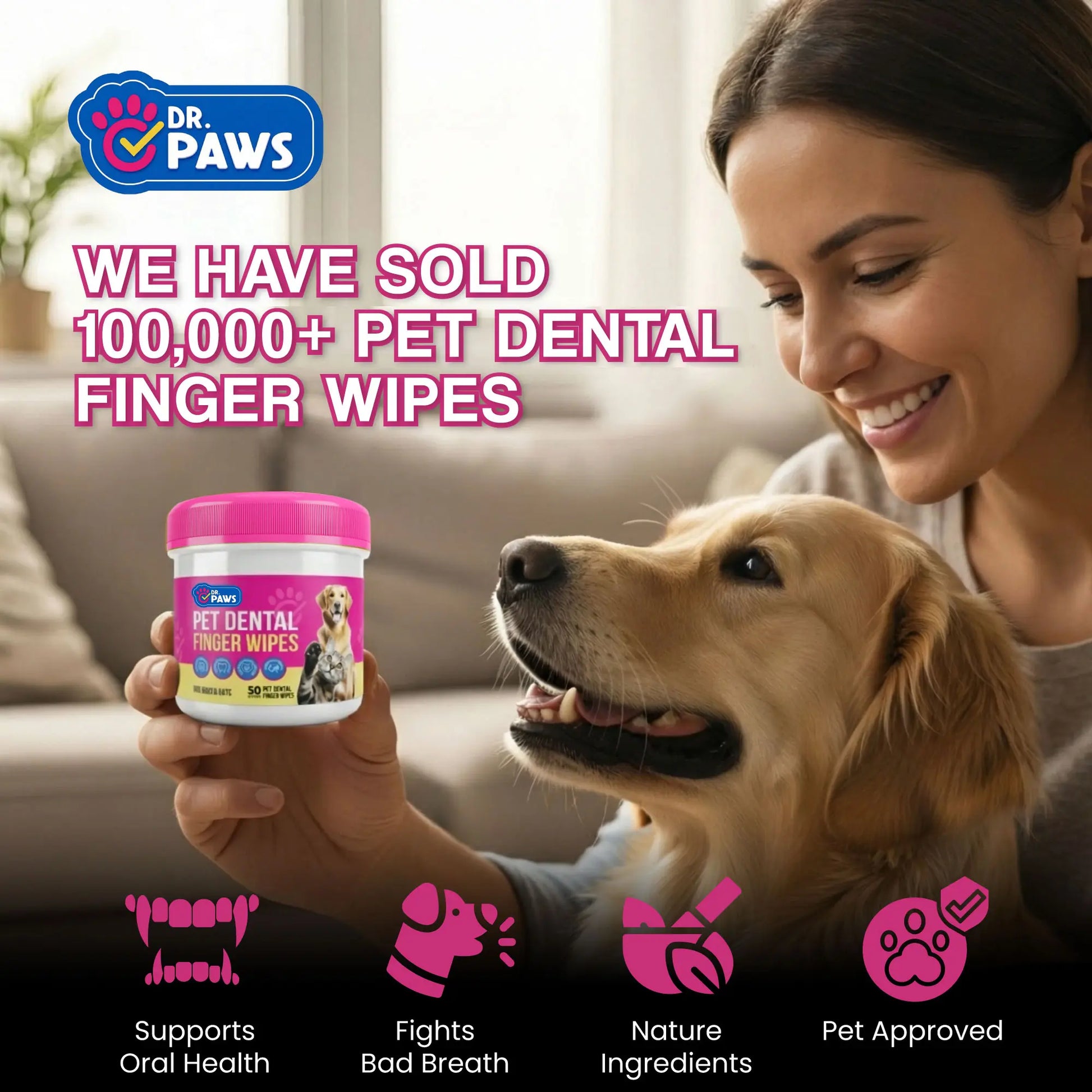 Dr. Paws Pet Care Finger Wipes – All-in-One Dental, Ear & Eye Cleaning for Dogs & Cats | Eliminate Plaque, Bad Breath, Tear Stains & Ear Wax | Hypoallergenic No-Rinse Grooming Solution