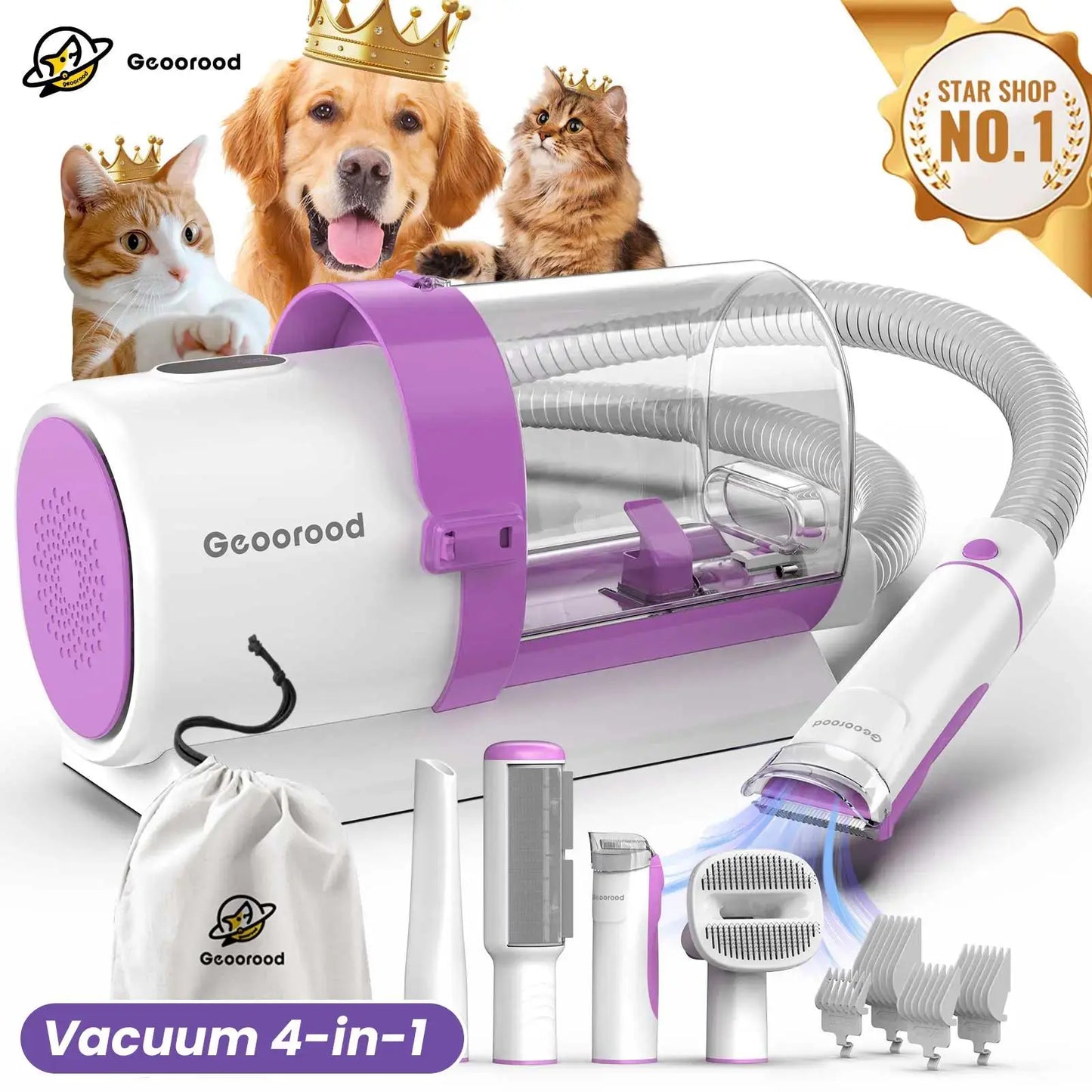 Geoorood All-In-One Dog Grooming Kit with Powerful Vacuum Brush - Lightweight, Portable, and Easy to Clean!