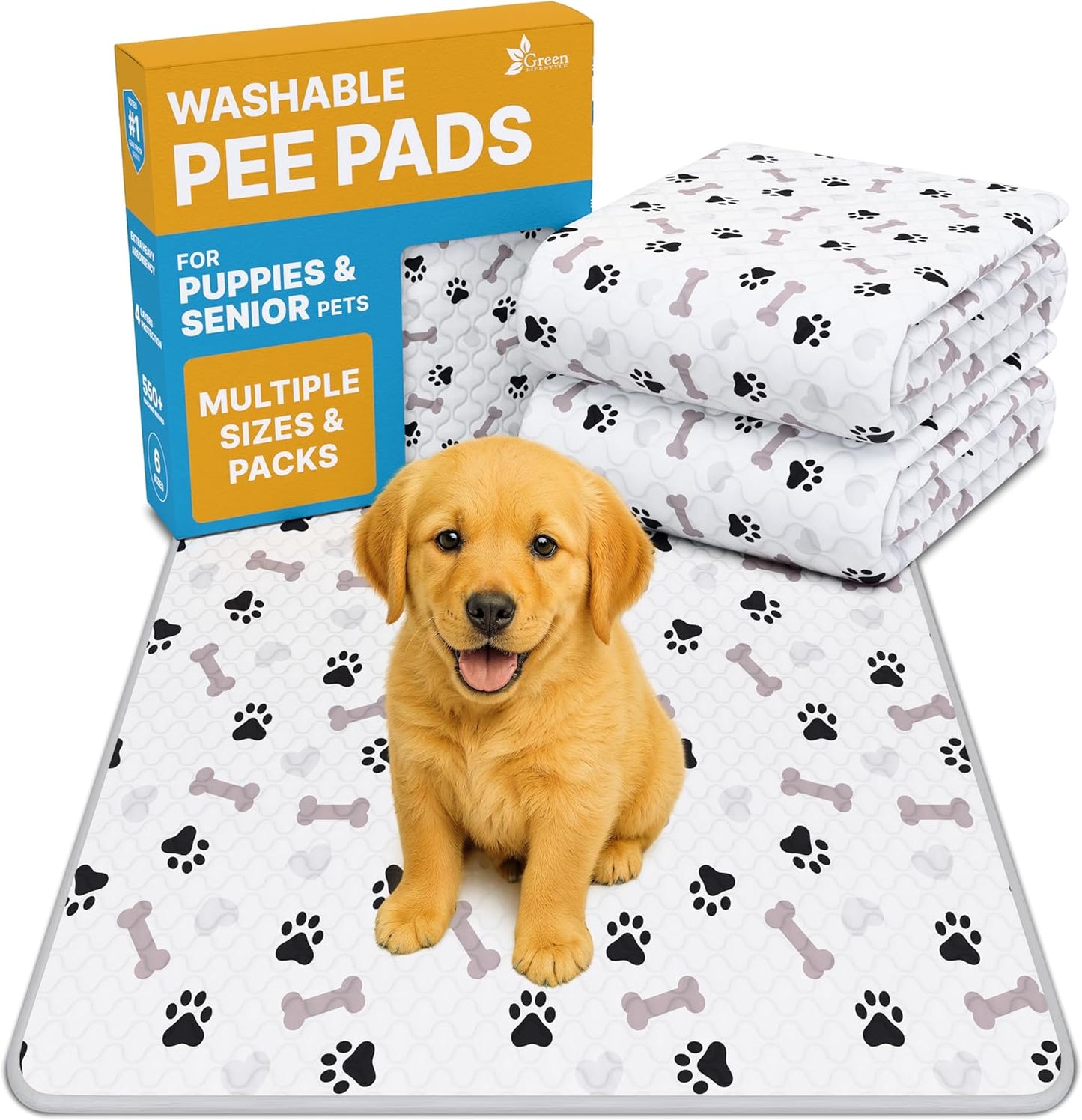 Premium Washable Dog Pee Pads - Waterproof & Anti-Slip Reusable Training Pads for Puppies (Pack of 6 - 30x34)
