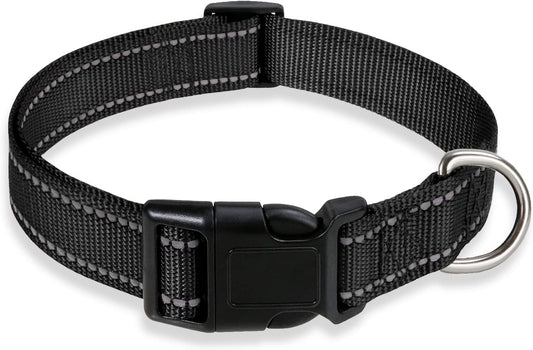 Reflective Dog Collar with Buckle Adjustable Safety Nylon Collars for Small Medium Large Dogs, Black M | Breathable Nylon Collars for Small Medium Large Dogs, No Chafing on Walks and Outdoor Hikes, Metal D-Ring, Night Safety