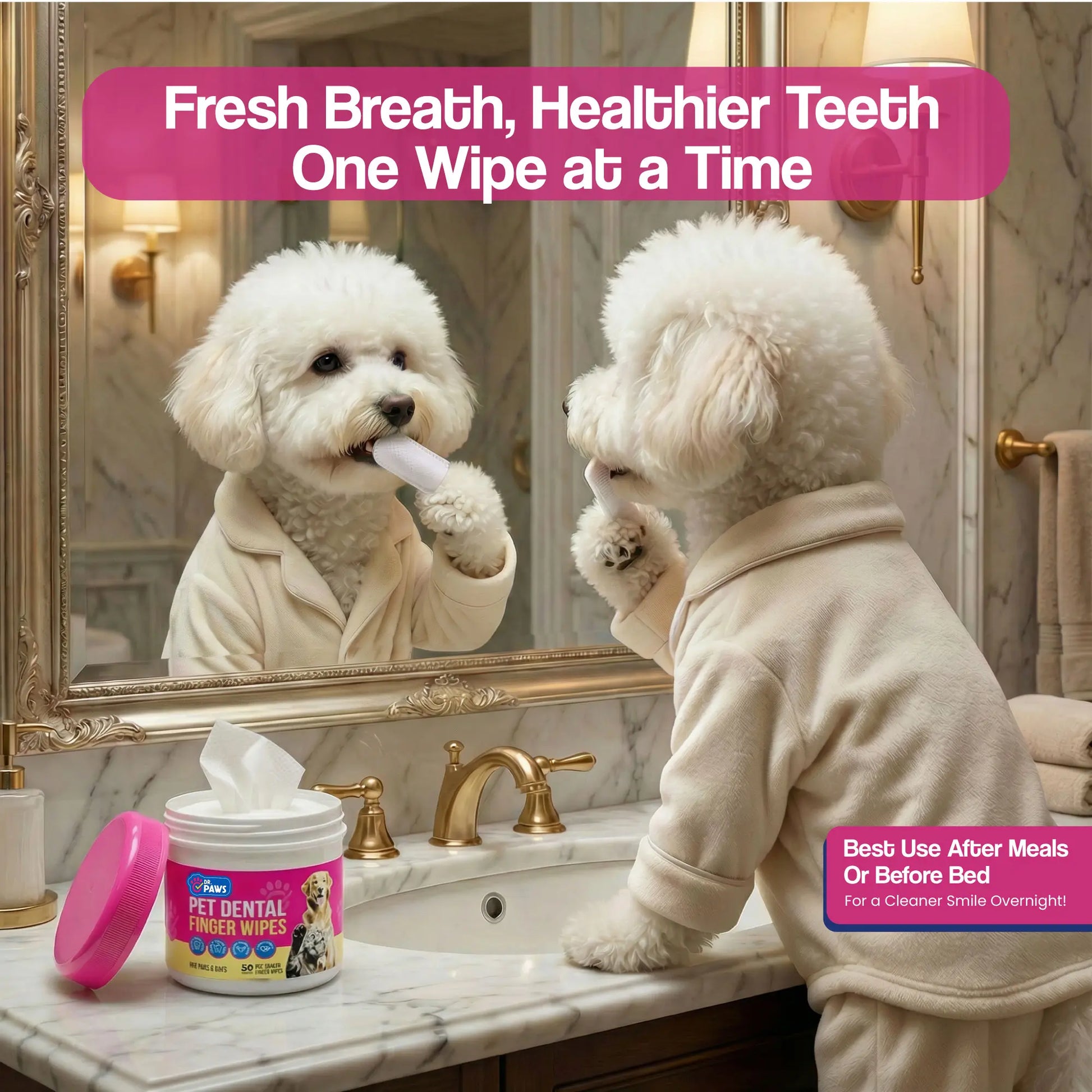 Dr. Paws Pet Care Finger Wipes – All-in-One Dental, Ear & Eye Cleaning for Dogs & Cats | Eliminate Plaque, Bad Breath, Tear Stains & Ear Wax | Hypoallergenic No-Rinse Grooming Solution
