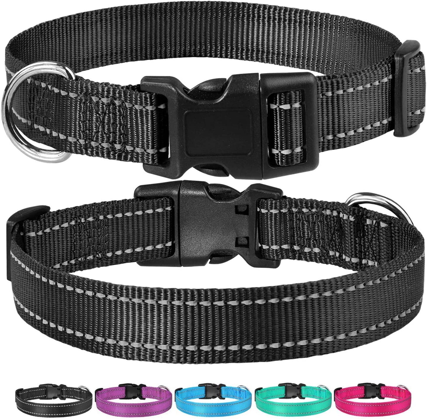 Reflective Dog Collar with Buckle Adjustable Safety Nylon Collars for Small Medium Large Dogs, Black M | Breathable Nylon Collars for Small Medium Large Dogs, No Chafing on Walks and Outdoor Hikes, Metal D-Ring, Night Safety