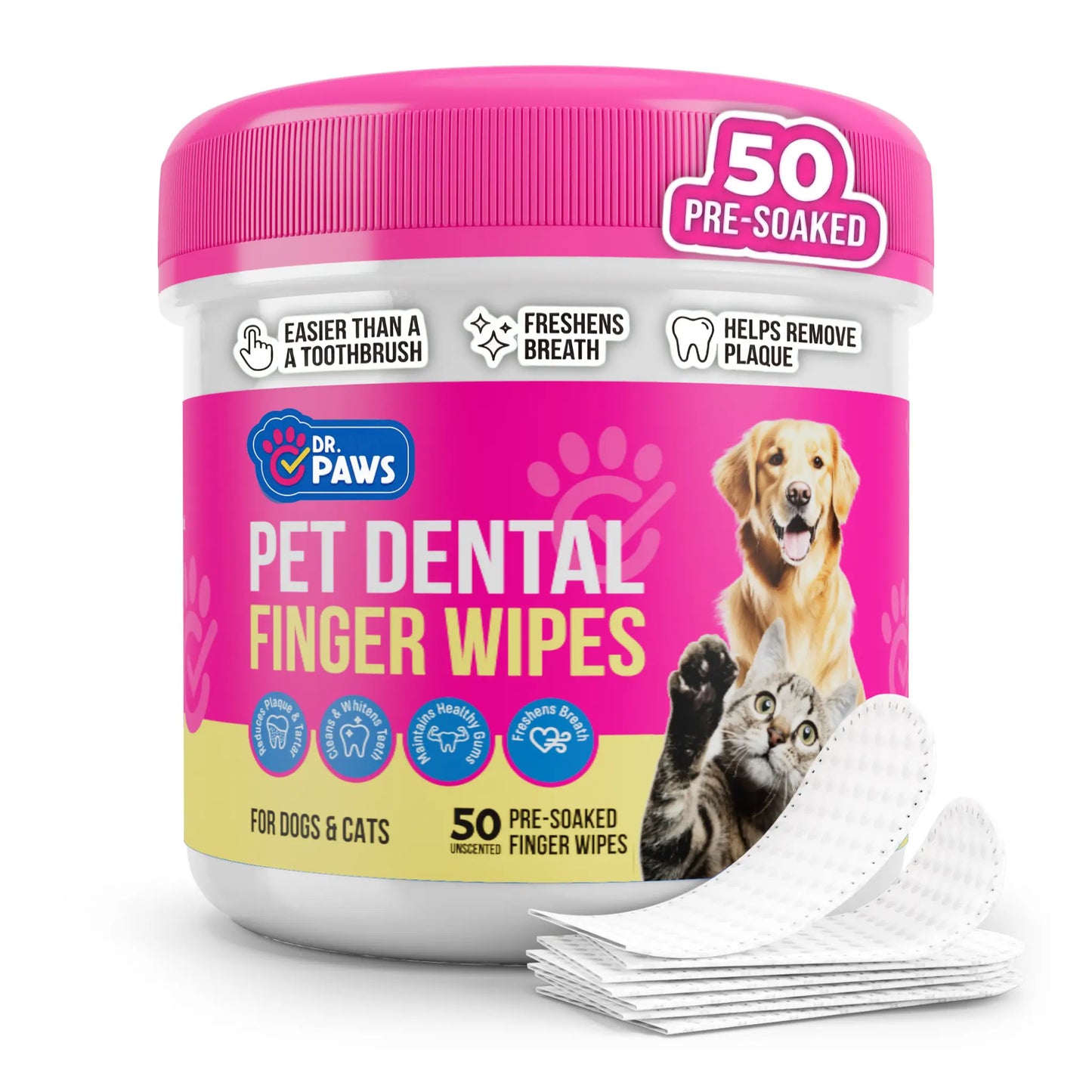 Dr. Paws Pet Care Finger Wipes – All-in-One Dental, Ear & Eye Cleaning for Dogs & Cats | Eliminate Plaque, Bad Breath, Tear Stains & Ear Wax | Hypoallergenic No-Rinse Grooming Solution